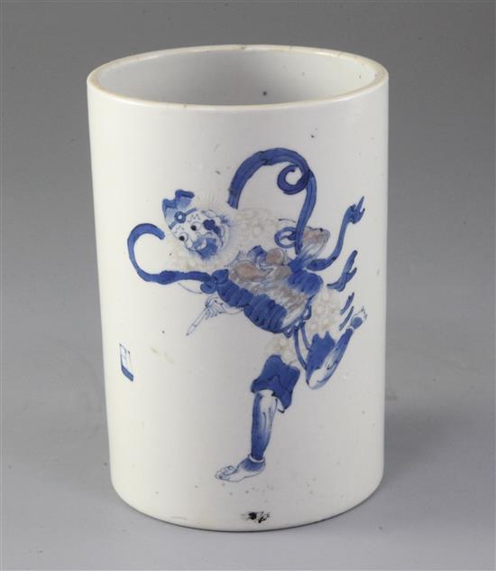 A Chinese underglaze blue and copper red brush pot, late 19th century, height 14.5cm